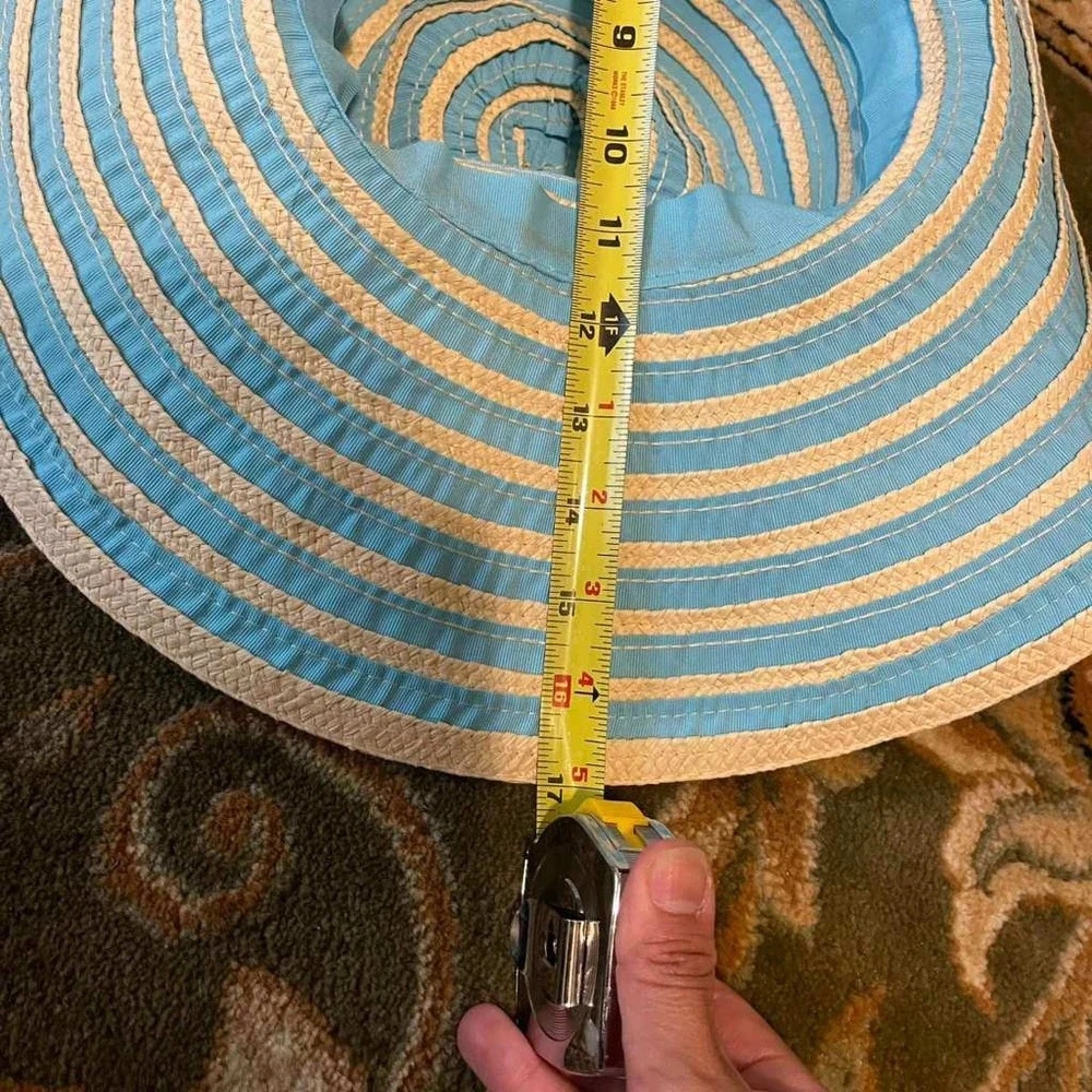 Panama Jack Womens Blue Cream Striped Wide‎ Brim Floppy Sun Beach Hat One Size